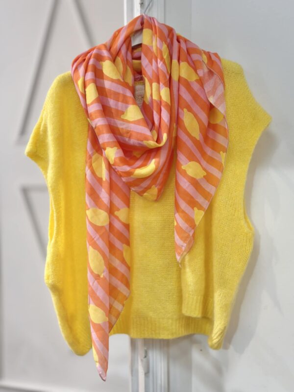Foulard paréo imprimé rayures et citrons orange jaune rose