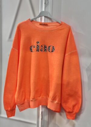 Sweat orange fluo ciao imprimé léopard April Vintage