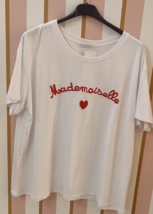 Tee-shirt mademoiselle coeur brodé blanc et rouge