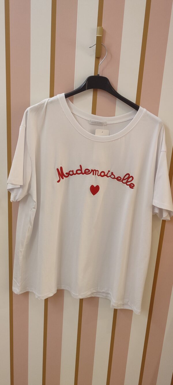 Tee-shirt mademoiselle coeur brodé blanc et rouge