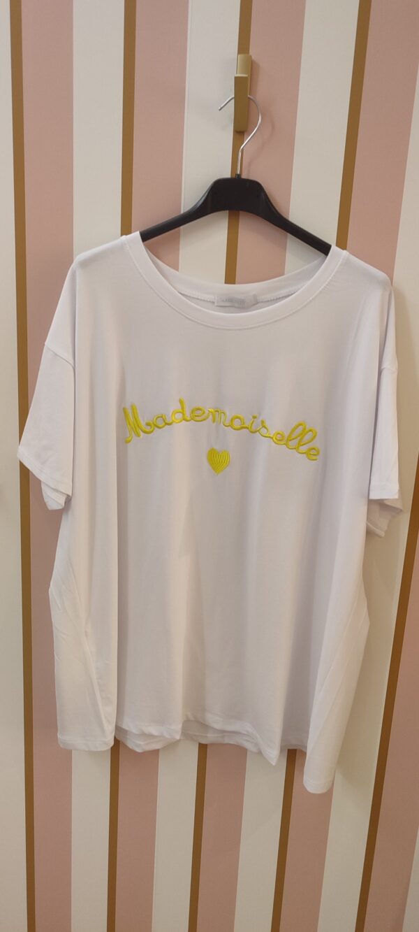 Tee-shirt mademoiselle coeur brodé blanc et jaune belle taille