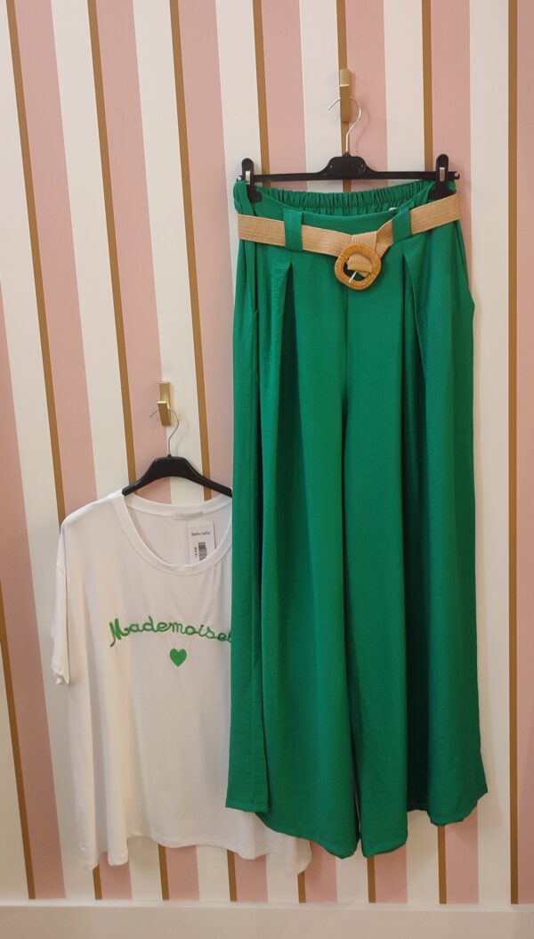 Pantalon Palazzo jupe culotte vert poches et ceinture