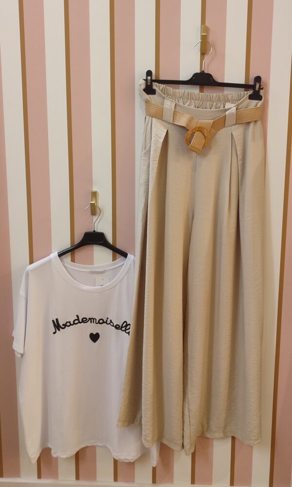 Pantalon Palazzo jupe culotte beige poches et ceinture