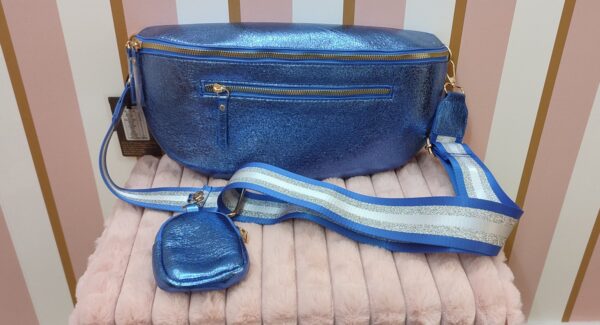 Sac banane bandoulière large bleu métallisé taille xxl 35 cm