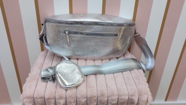 Sac banane bandoulière large taille xxl 35 cm argent silver métallisé