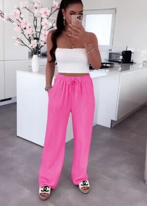 Pantalon gaz de coton taille élastique rose
