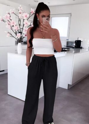 Pantalon gaz de coton taille élastique noir