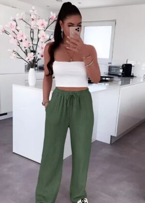 Pantalon gaz de coton taille élastique kaki