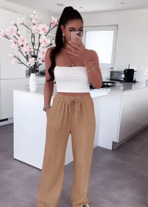 Pantalon gaz de coton taille élastique camel