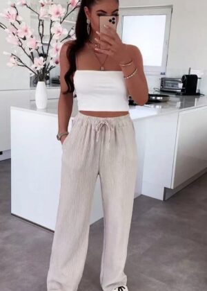 Pantalon gaz de coton taille élastique beige