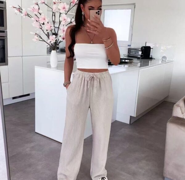 Pantalon gaz de coton taille élastique beige