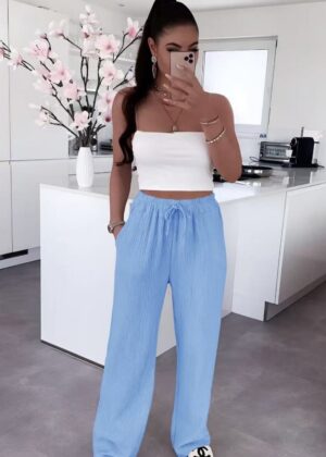 Pantalon gaz de coton taille élastique bleu clair