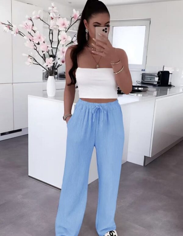 Pantalon gaz de coton taille élastique bleu clair