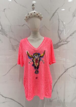 Tee-shirt belle taille tête de buffle corail fluo bohème