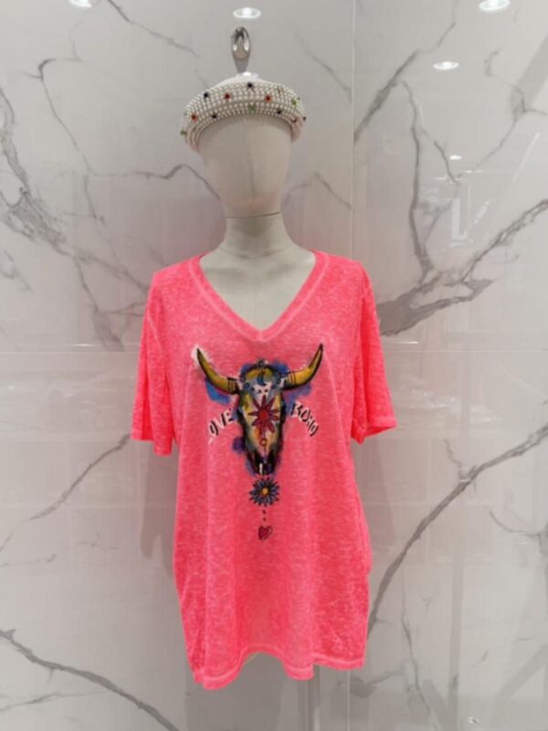 Tee-shirt belle taille tête de buffle corail fluo bohème