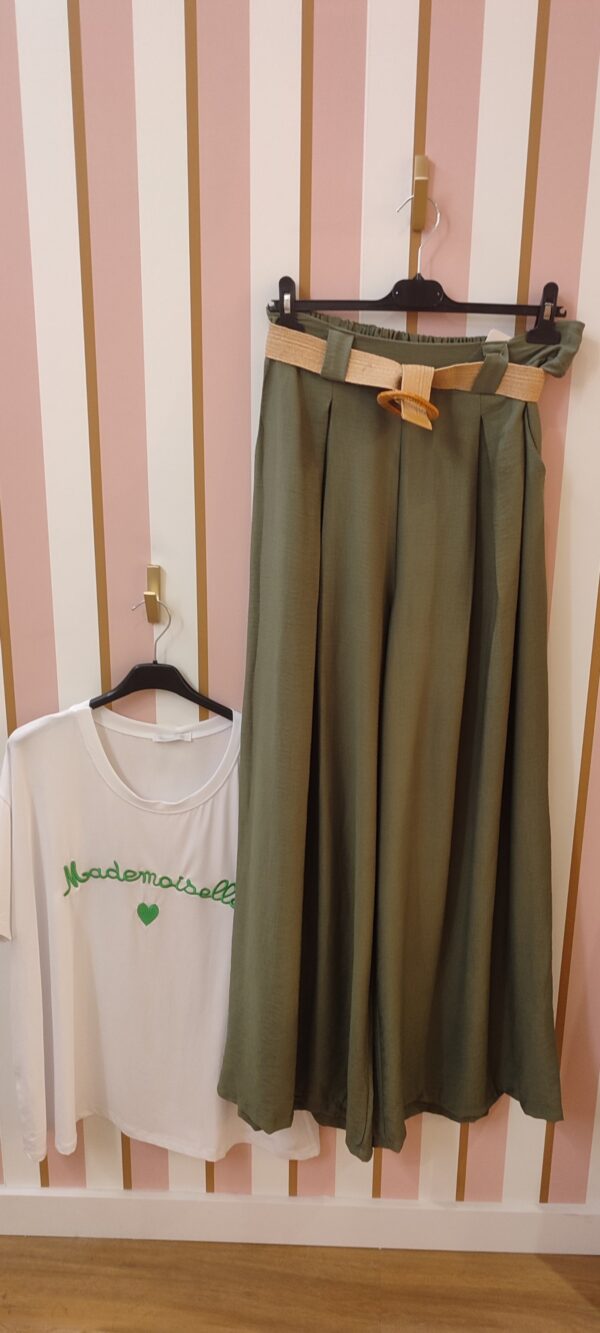 Pantalon Palazzo jupe culotte kaki poches et ceinture