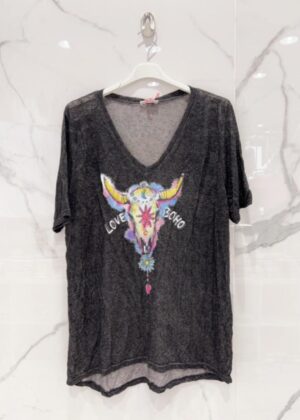 Tee-shirt belle taille tête de buffle noir bohème
