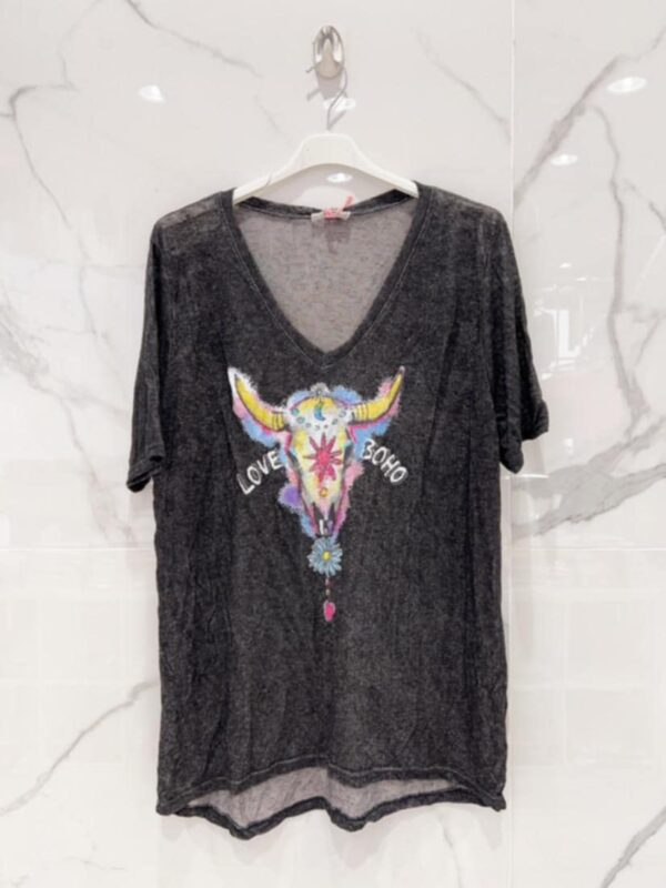 Tee-shirt belle taille tête de buffle noir bohème