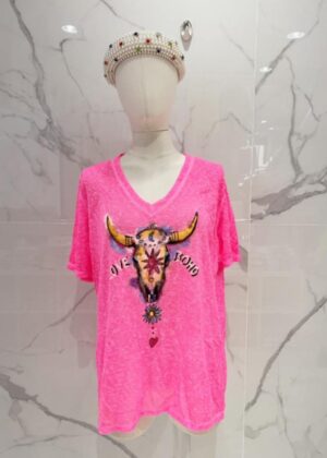 Tee-shirt belle taille tête de buffle rose fluo bohème