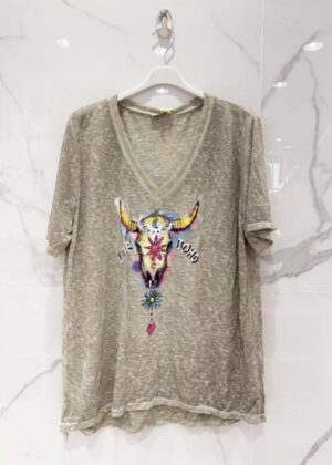 Tee-shirt kaki belle taille tête de buffle bohème