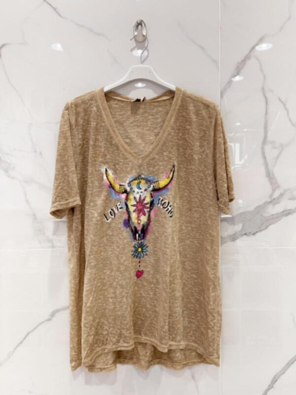 Tee-shirt belle taille tête de buffle camel bohème