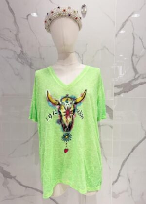 Tee-shirt belle taille tête de buffle vert fluo bohème