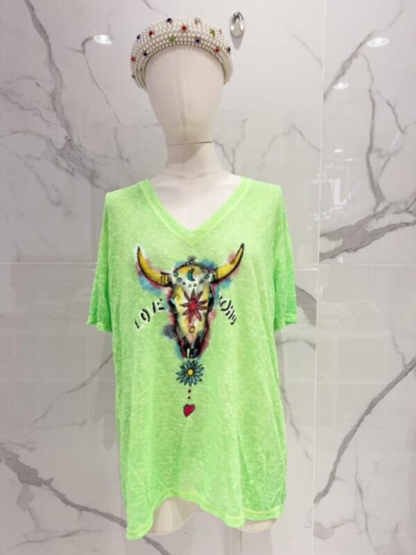 Tee-shirt belle taille tête de buffle vert fluo bohème