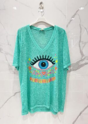 Tee-shirt belle taille oeil turquoise fluo bohème