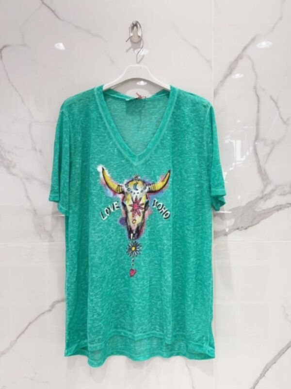 Tee-shirt belle taille tête de buffle turquoise fluo bohème