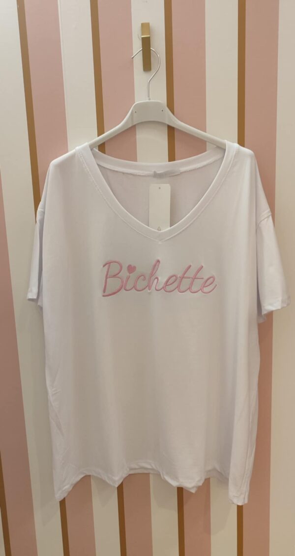 Tee-shirt belle taille blanc bichette brodé couleur rose