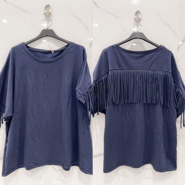 Tee-shirt grande taille franges dans le dos couleur bleu marine petites manches