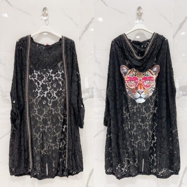 Chemise grande taille ajourée tigre perles noir