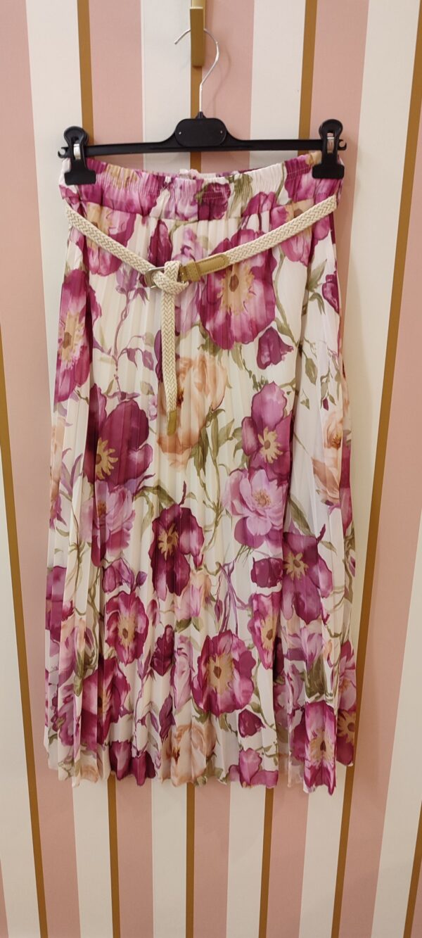 Jupe plissée fleurs avec ceinture beige
