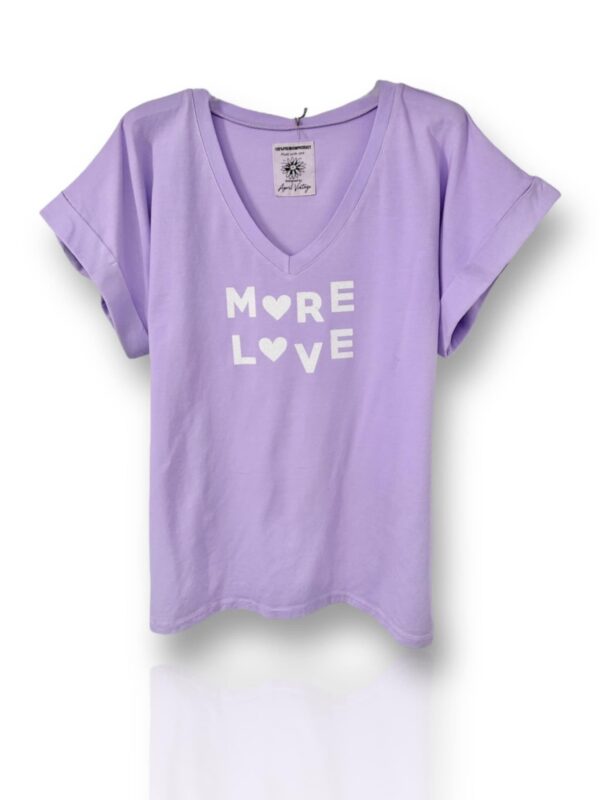 Tee-shirt April Vintage mauve col V more love pailleté blanc