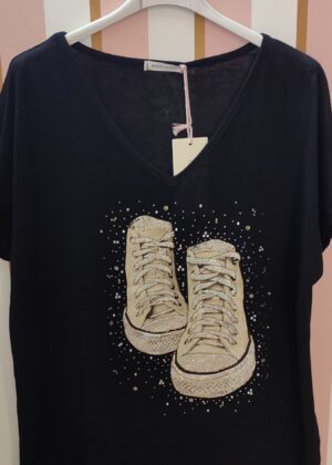 Tee-shirt baskets strass noir et beige