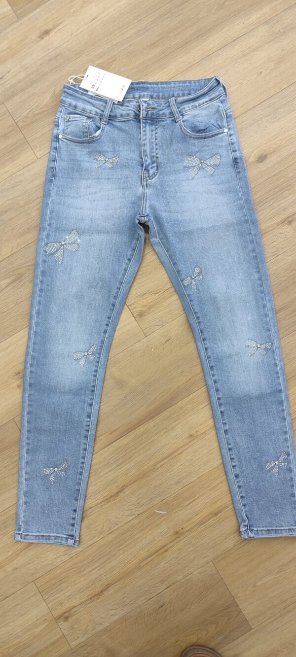 Jeans grande taille et petite taille bleu clair nœud papillon strass stretch