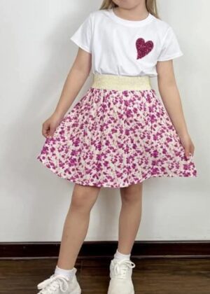 Ensemble fille jupe élastique fleurs roses tee-shirt coeur rose