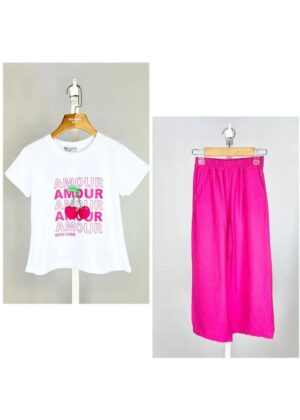 Ensemble fille pantalon rose et tee-shirt amour cerise rose et blanc