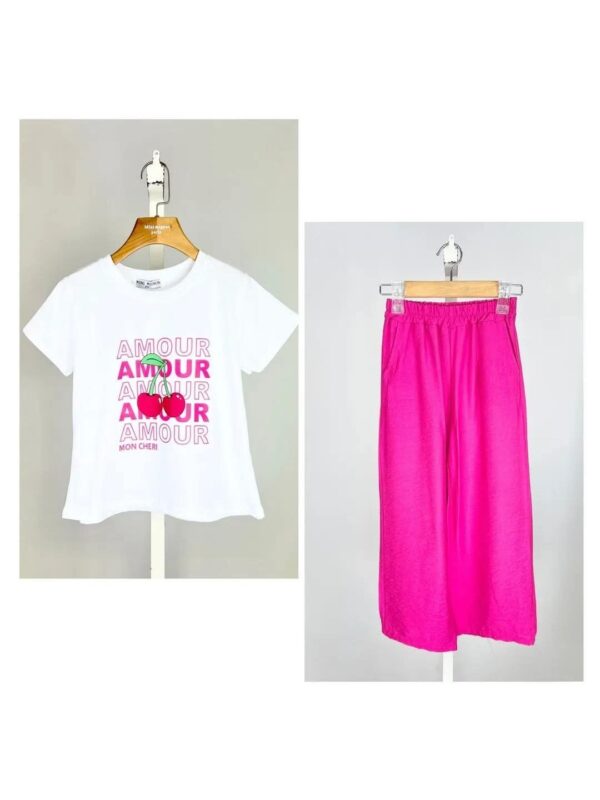 Ensemble fille pantalon rose et tee-shirt amour cerise rose et blanc