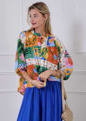 Blouse April Vintage fleurs multicolores manches mi longues