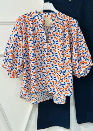 Blouse April Vintage liberty cerises bleu et rouge manches mi longues
