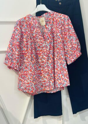 Blouse April Vintage liberty rouge et rose manches mi longues
