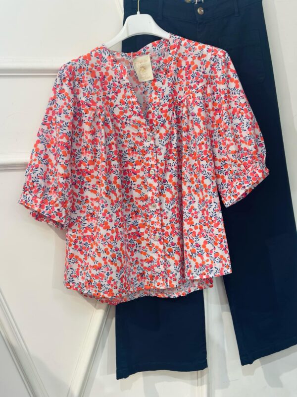 Blouse April Vintage liberty rouge et rose manches mi longues
