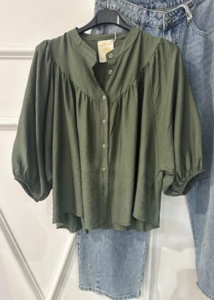 Blouse April Vintage uni kaki manches mi longues