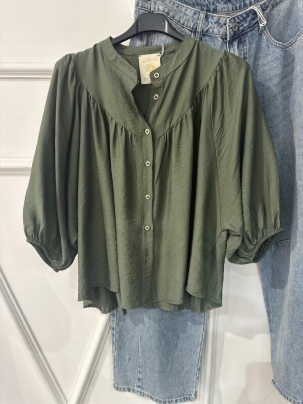 Blouse April Vintage uni kaki manches mi longues