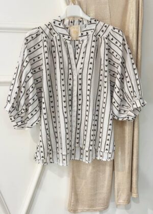 Blouse April Vintage rayures mini cœurs chocolats manches mi longues