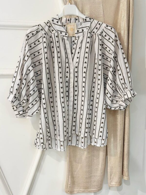 Blouse April Vintage rayures mini cœurs chocolats manches mi longues