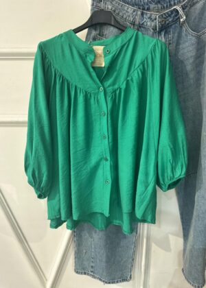 Blouse April Vintage uni vert manches mi longues
