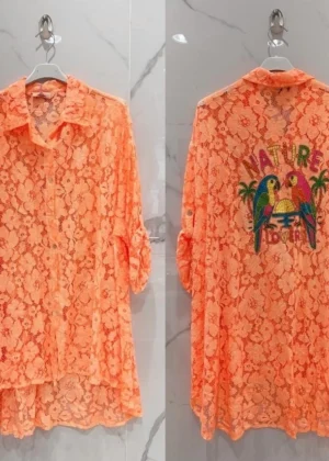 Chemise grande taille ajourée orange fluo perroquet