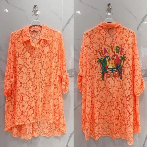 Chemise grande taille ajourée orange fluo perroquet